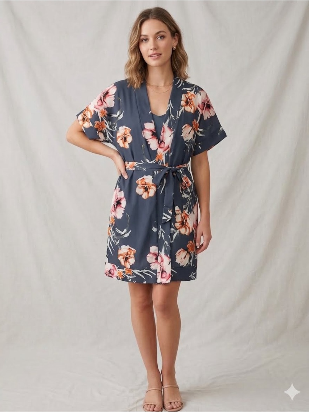 Casual Boho Floral Short Sleeve Wrap Kimono Dress With Belt Blue Grey Size S